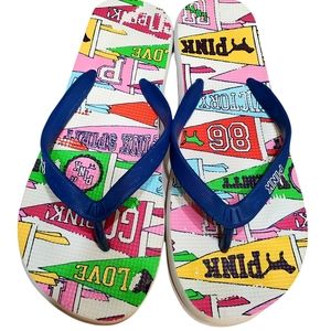 PINK Victoria's Secret Imprint Blue Multi Color Varsity Pennant Flip Flops Sz M